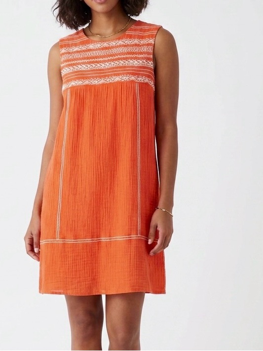 Thml Coral Orange Shift Dress W White Embroidery
